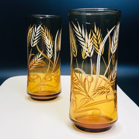 Vintage Libbey Ombre Golden Wheat Harvest Amber Glass Tumbler PAIR - Picture 2 of 10